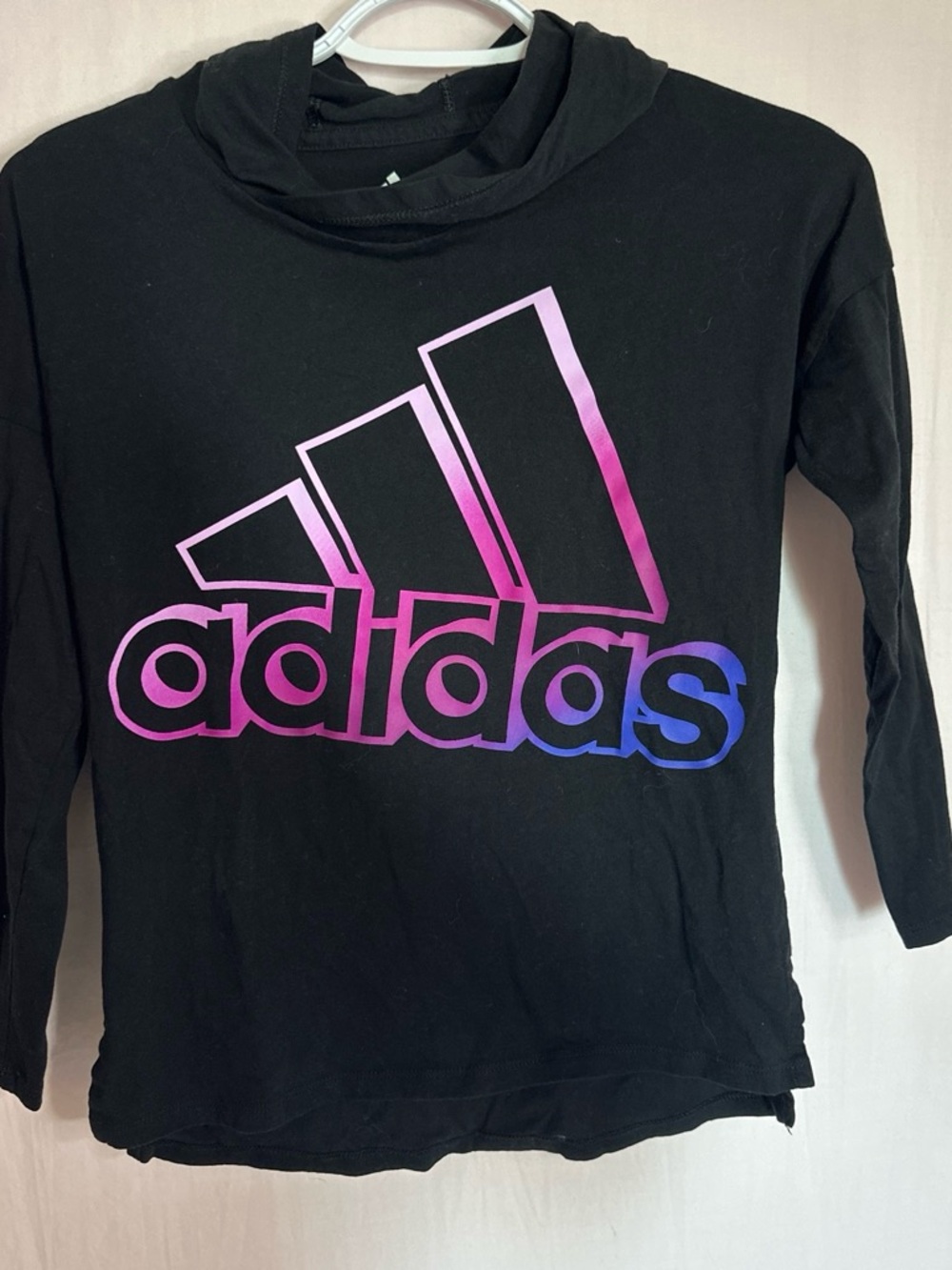 adidas Black Long-Sleeve Tee with Pink-to-Blue Gradient Logo